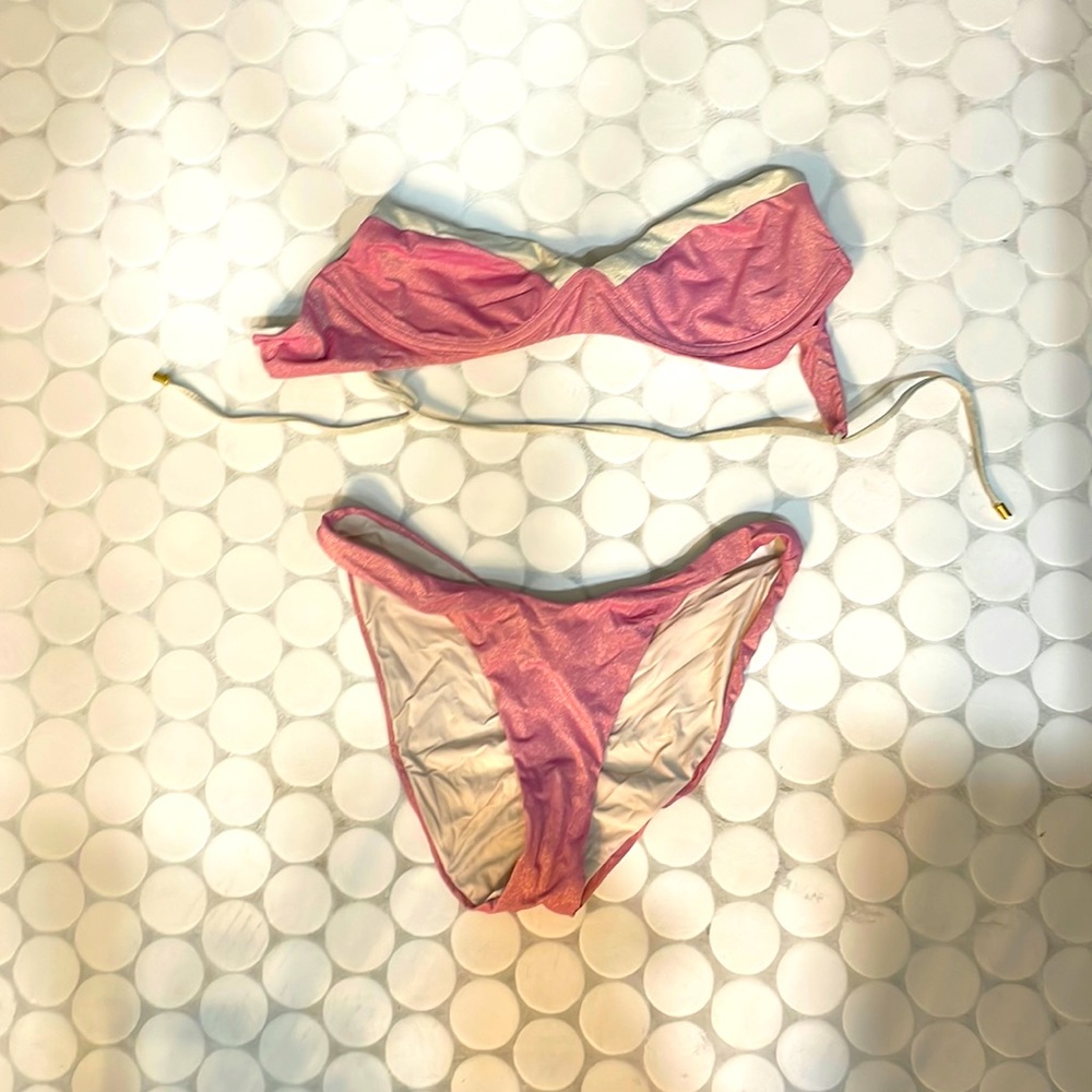 Pink and white swim suit top